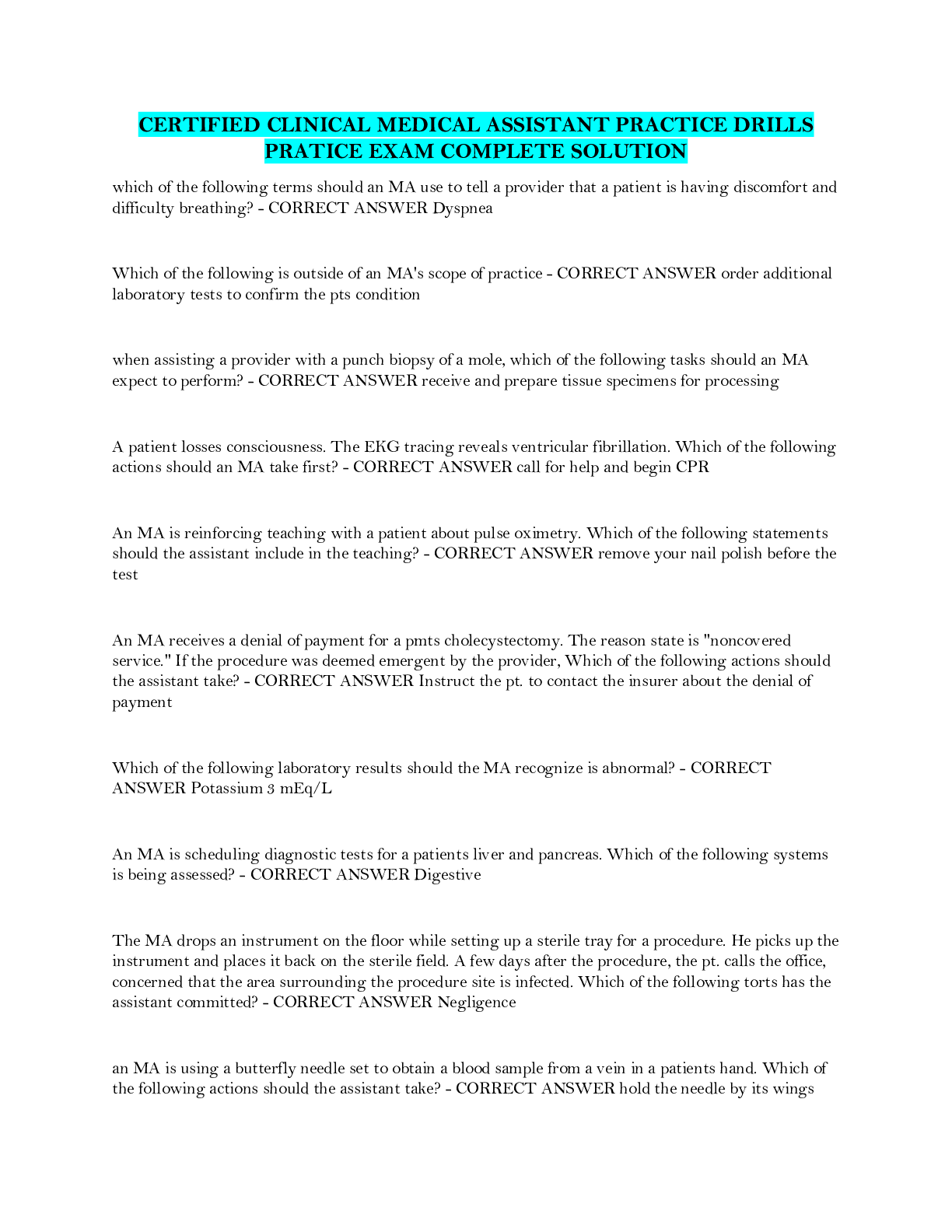 Preview image of CERTIFIED CLINICAL MEDICAL ASSISTANT PRACTICE DRILLS PRATICE EXAM COMPLETE SOLUTION document